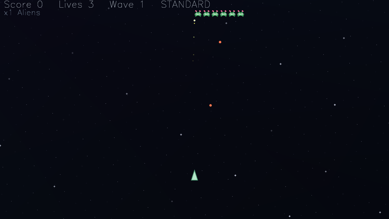 Gameplay with green triangle ship firing at invaders