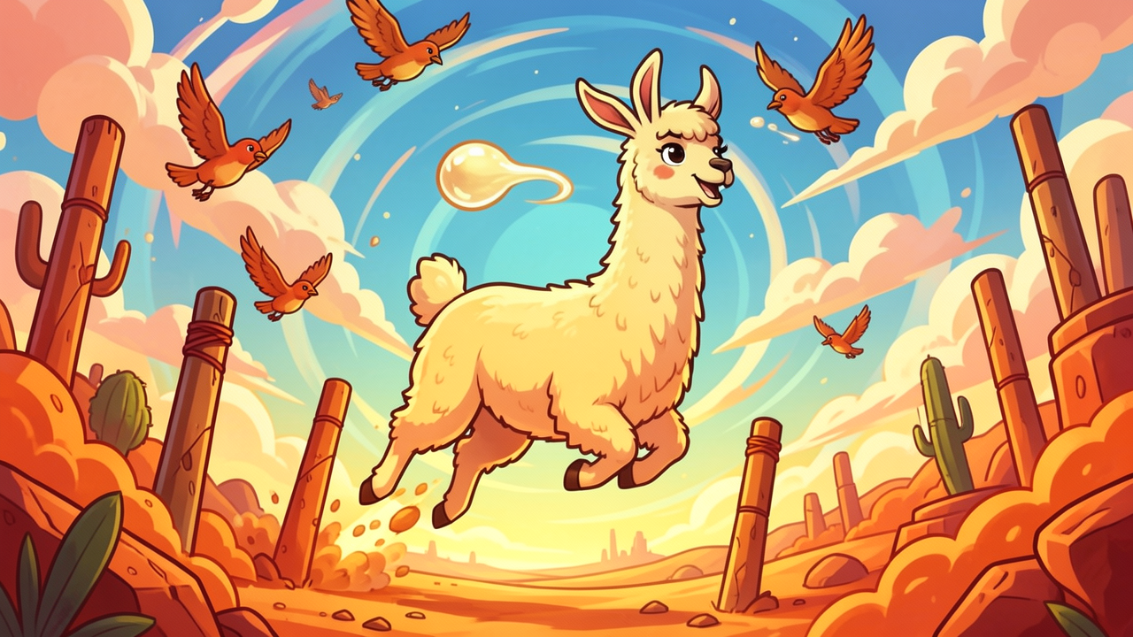 LLAMA BeBop — llama mid-leap between poles